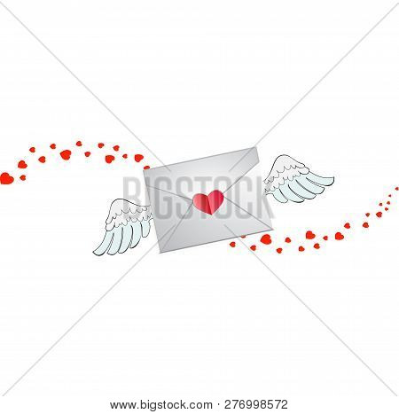 Envelope With Heart Stamp, White Angel Wings And Hearts Wave