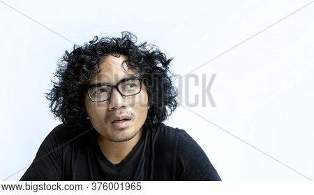 Face Shot Hairdo Asian Thai Man Thinking Action And Look Up For Idea In T-shirt Casual Shirt (includ