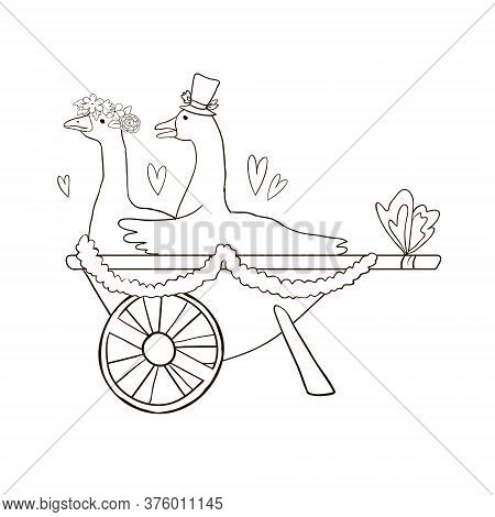 Drawing With A Cute Pair Of Geese In Wheelbarrow