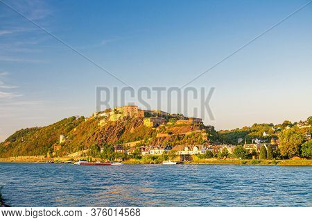 Ehrenbreitstein Fortress Medieval Building On Hill Of East Steep Bank Of Rhine River, View From Kobl