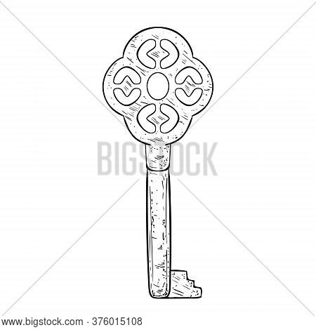 Antique Key, Black And White Vector Illustration