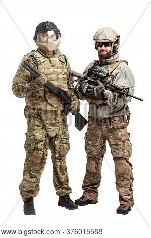 Two American Soldiers In Military Equipment With Weapons On A White Background, Military Special For