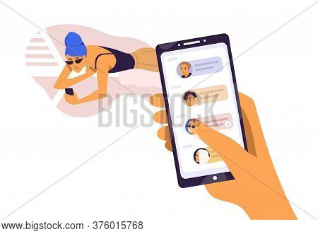 Relaxed Woman Lying On Chaise-longue Chatting At Social Networks Or Surfing Internet Vector Flat Ill