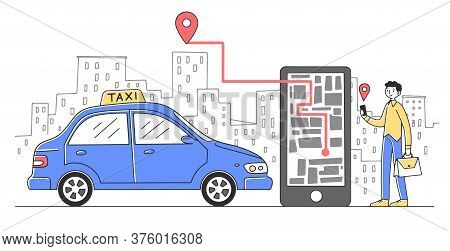 Cheerful Man Taking Cab Via Mobile App Flat Illustration. Guy Tracking Car Route On City Map In Mobi