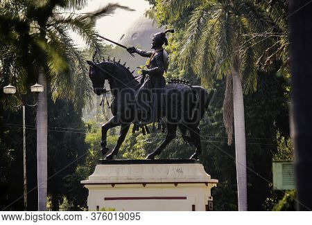A Statue Monument Of Shivaji On A Horse In Gujrat State In India