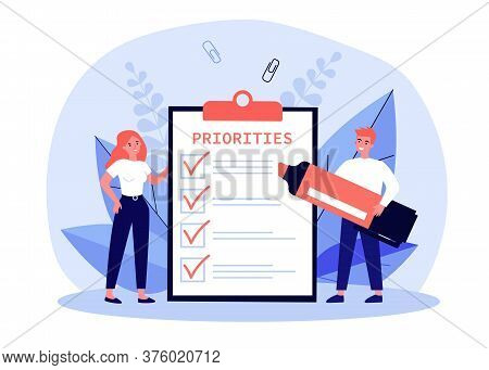 Business People Filling Out Priorities List. Man With Felt Tip Pen Drawing Check Marks In Task List,