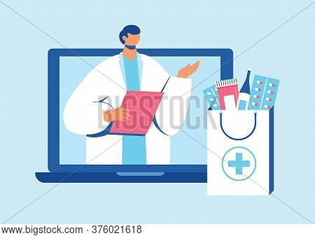 Online Pharmacy Concept. Pharmacist Helps To Collect An Order On The Site.