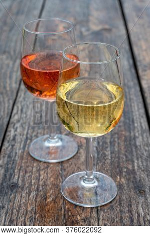 Tasting Of Dutch Rose And Dry White Wine On Vineyard In Summer
