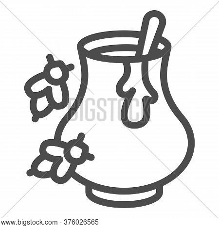 Clay Pot With Honey And Bees Line Icon, Beekeeping Concept, Natural Honey In Pot Sign On White Backg