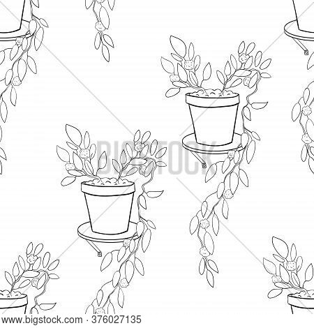 Pots With Flowers Seamless Coloring Page Pattern.