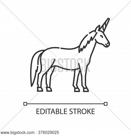 Unicorn Pixel Perfect Linear Icon. Mythical Creature, Fairy Tale Mascot. Thin Line Customizable Illu