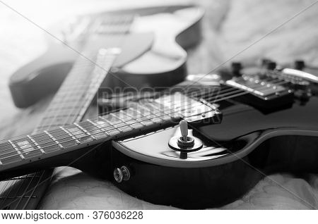 Electric Guitar, Used To Play Music And Notes, Macro Abstract Black And White