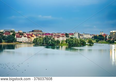 Belarus Travel Destinations.  View Of Troicky Suburb With Svisloch River In Minsk Before Sunset. Hor