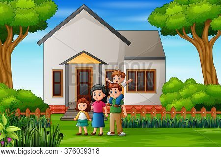 Cartoon Family In Front Of The House Yard