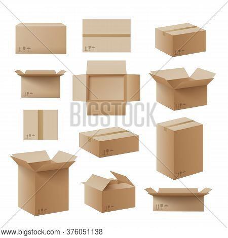Delivery Boxes Or Parcel Packaging Realistic Vector Illustrations Set Isolated.