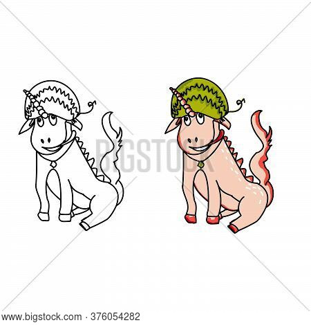 Vector Hand Draw Illustration, Outline Unicorn With Watermelon Hat And Colored Wariation, Cute Doodl