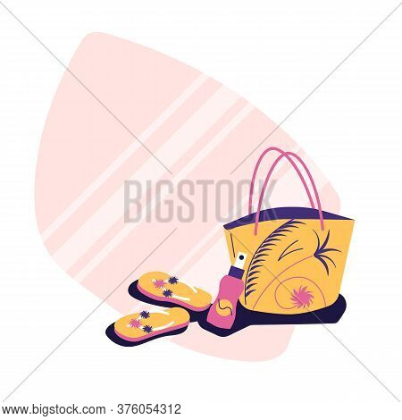 Beash Accessories - Beach Bag, Flip Flops, Suntan Cream - Sticker Style Illustration, Flat Style, Su