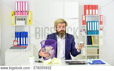 Recover Document. Businessman Hold Trash Can. Man Look For Lost Document. Office Worker Digging Garb