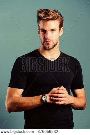 Watch Repair. Keep Punctual. Confident Macho Luxurious Watch Blue Background. Watches Are Convenient