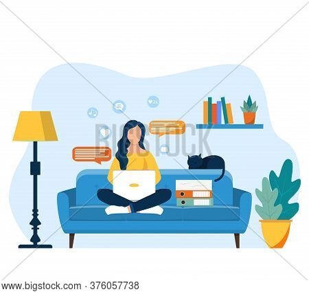 Woman With Laptop Sitting On The Chair. Home Office. Working At Home. Lot Of Work. Freelance Or Stud