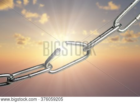 Breaking Chain Over Sunrise Background Sky With Clouds, Breaking Free, Freedom, Success Or Power Con