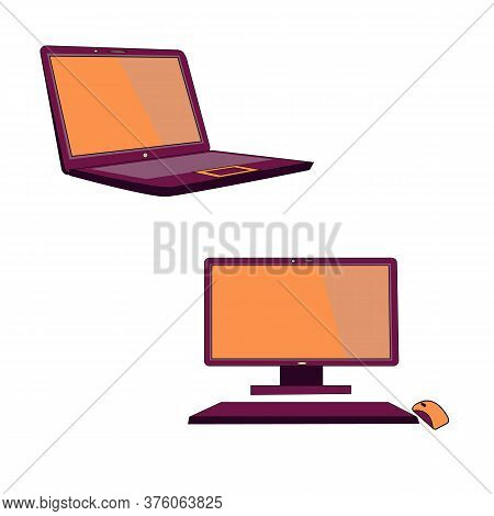 Laptop Isolated On White Background. Vector In Orange-violet Colors. Work On A Laptop Computer.items