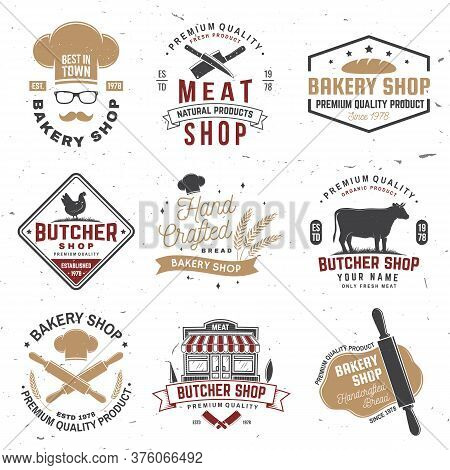 Set Of Butcher Shop And Bakery Shop Badge, Label. Vector. Vintage Typography Logo Design With Cow, C