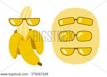 Set Of Elements For Design. Funny Banana In Glasses. Different Glasses. Yellow Delicious Fruit For S