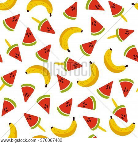 Seamless Pattern With Yellow Bananas And Slices Of Watermelon On A Stick. Repeating Endless Elements