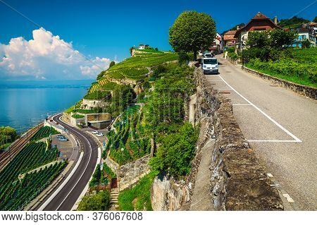 Beautiful Terraced Vineyards And Winding Road On The Shore Of The Lake Geneva Near Lausanne, Rivaz V