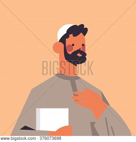 Arabic Man In Traditional Clothes Arab Prayer With Quran Male Cartoon Character Portrait Vector Illu