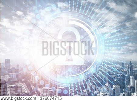 Cybersecurity Mixed Media With Virtual Locking Padlock On Cityscape Background. Data Privacy Protect