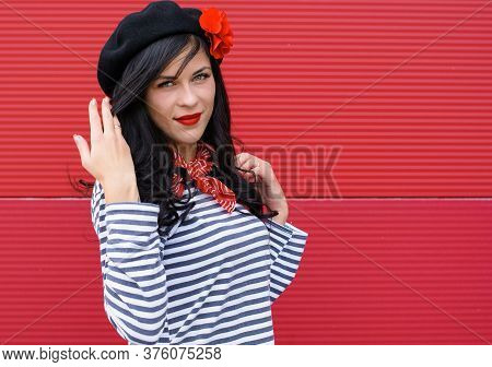 Young Woman In Modern French Style, Wear In Jeans And Jemper, Hat Beret. Casual Fashionable Style Fo