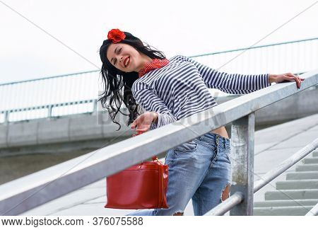 Young Woman In Modern French Style, Wear In Jeans And Jemper, Hat Beret. Casual Fashionable Style Fo