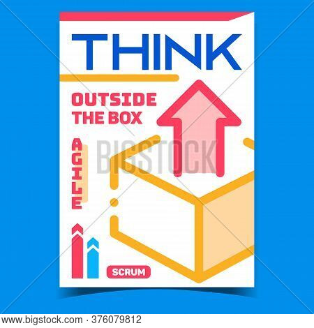 Think Outside Box Creative Promo Poster Vector. Cardboard Box With Growth Arrow On Advertising Banne