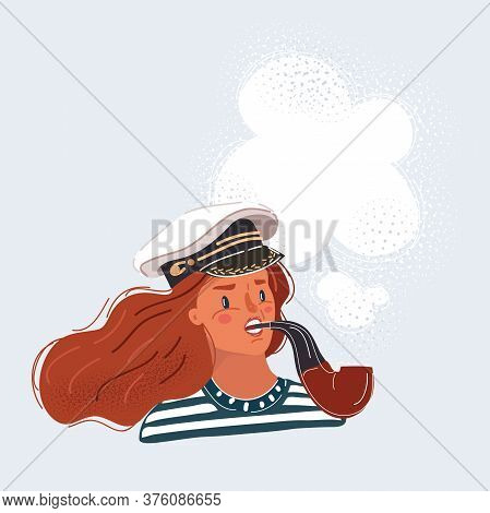Vector Illustration Of Young Woman Wearing In Sail Cap And Smoke Tobbaco Pipe.