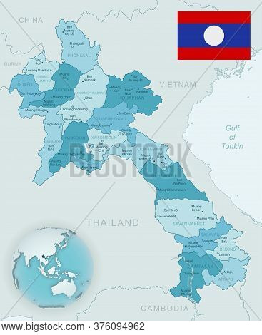 Blue-green Detailed Map Of Laos Administrative Divisions With Country Flag And Location On The Globe