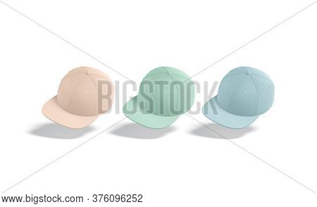 Blank Colored Jeans Snapback Mockup, No Gravity, 3d Rendering. Empty Pink, Green, Blue Headgear Mock