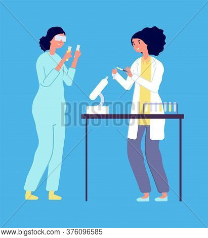 Laboratory Research. Woman Man Epidemiologists, Lab Virus Study. Scientists In White Coats With Equi