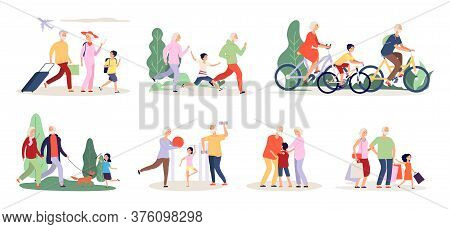 Grandparents And Grandchildren. Old People Activity With Boy Girl. Travel Ride Bicycle Doing Sport E