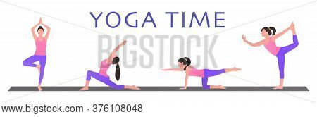 Character Set Of Yoga. Some People Spend Time On Holidays. Do Yoga To Exercise, Reduce Stress And Ma