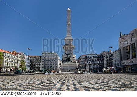 Lisbon, Portugal-20 August 2018. Obelisk In Restoration Square (praca Dos Restauradores) In Honor Of