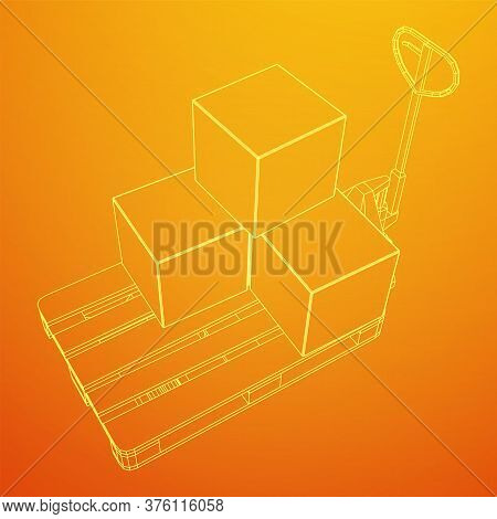 Hand Pallet Jack Lift With Pallet And Stacked Goods Cardboard Boxes. Manual Forklift. Logistics Ship