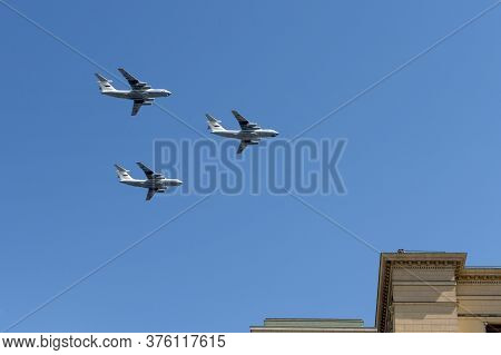 Moscow, Russia - June 24, 2020:military Transport Aircraft Il-76md In The Sky Over Moscow During The