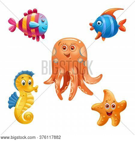 Vector Fish On A White Background. Cartoon Fish Characters. Isolated Fish On A White Background. Sea