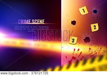 Criminalistic Detective Composition Of Realistic Bloody Spots And Numbered Bullet Holes On Blurry Ba