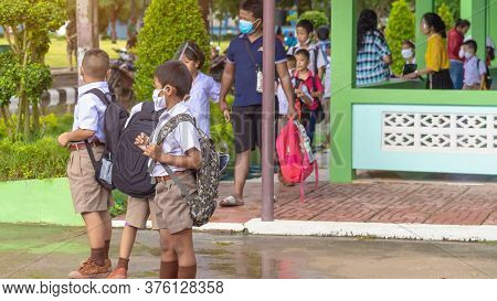 Kanchanaburi,thailand-july 2,2020:thai Students Wear Various Medical Masks To Prevent Themselves Fro