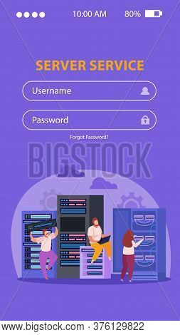 Flat Background With Log In Form And System Administrators Fixing Problems In Server Room Vector Ill