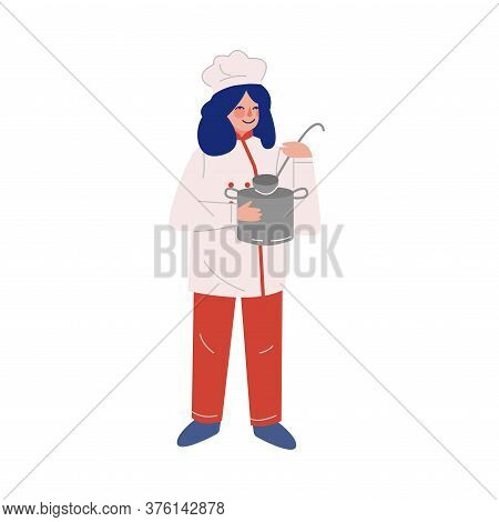 Woman Professional Chef Character With Saucepan And Laddle, Female Kitchener Wearing Traditional Uni