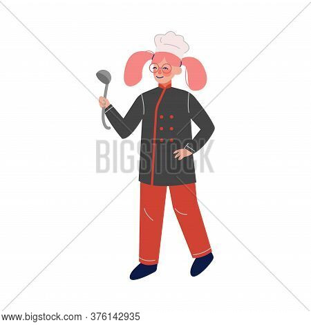 Woman Professional Chef Character With Laddle, Female Kitchener Wearing Traditional Uniform Working 